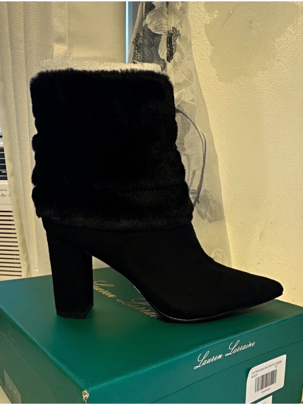 Lauren Lorraine Black Faux-Fur Cuff Pointed Block Heel Ankle Boot
